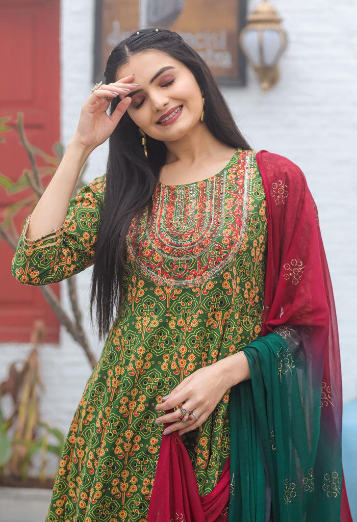 Green red pure cambric cotton embroidered kurta set with dupatta