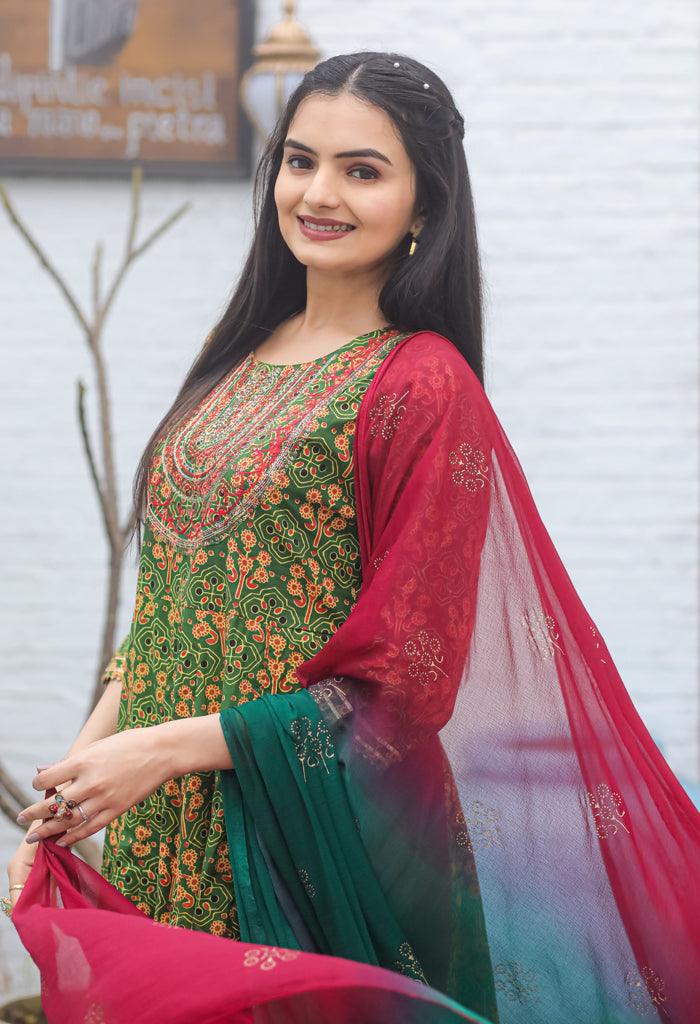 Green red pure cambric cotton embroidered kurta set with dupatta
