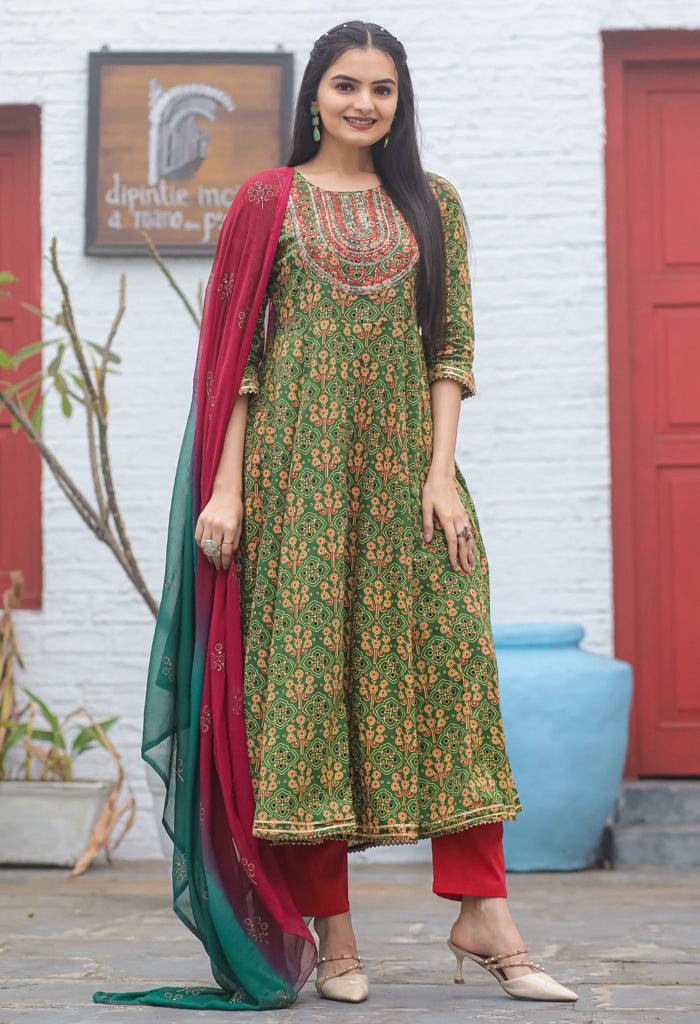 Green red pure cambric cotton embroidered kurta set with dupatta