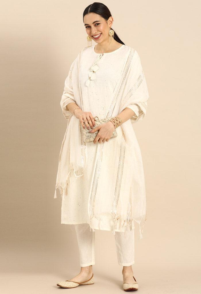 Off white pure cambric cotton floral embroidered kurta set with dupatta