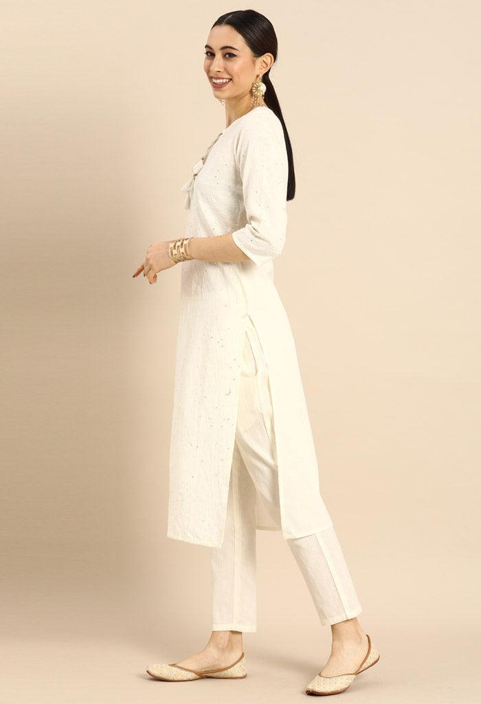 Off white pure cambric cotton floral embroidered kurta set with dupatta