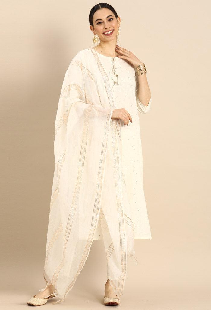 Off white pure cambric cotton floral embroidered kurta set with dupatta