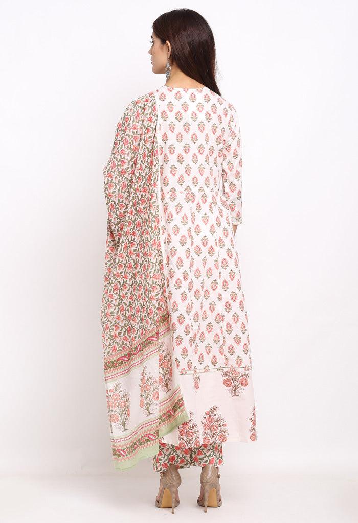 White and pink pure cambric cotton floral printed kurta set with dupatta