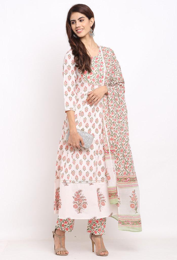 White and pink pure cambric cotton floral printed kurta set with dupatta