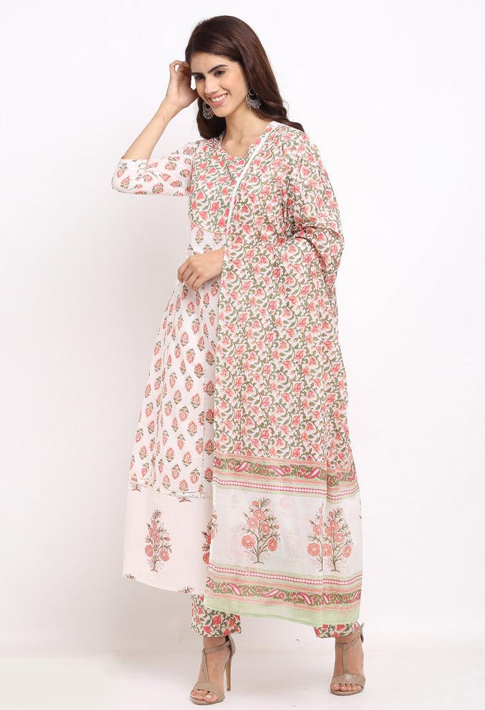 White and pink pure cambric cotton floral printed kurta set with dupatta