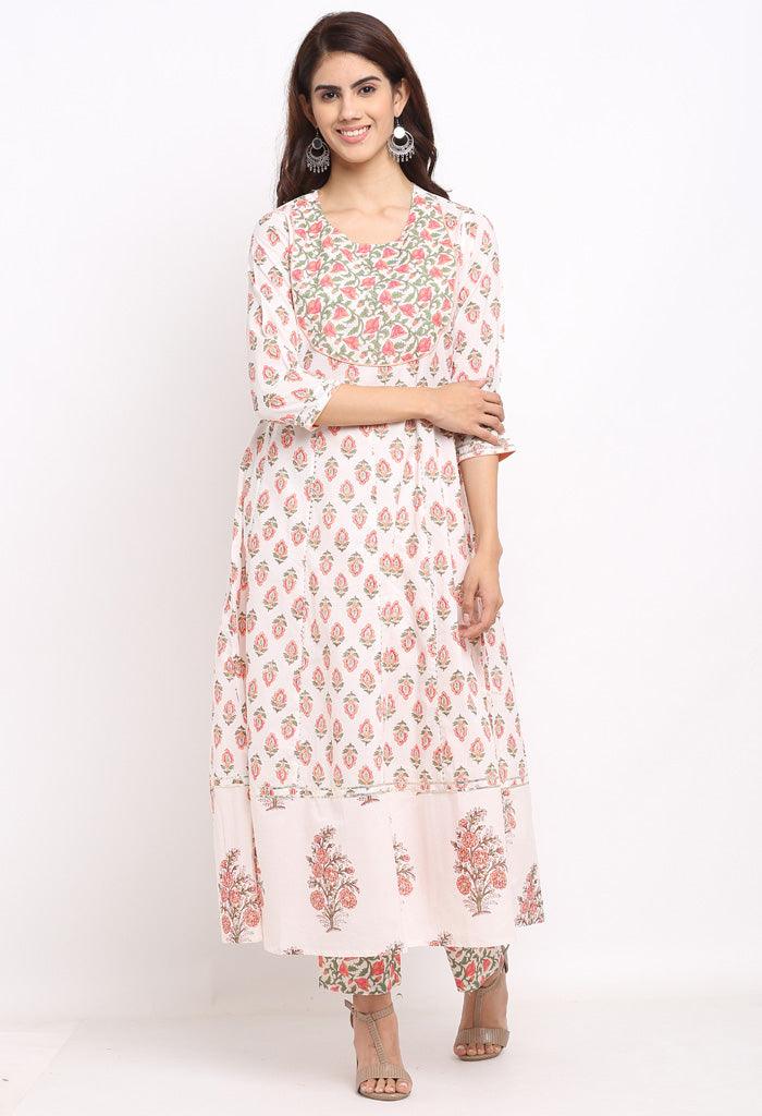 White and pink pure cambric cotton floral printed kurta set with dupatta