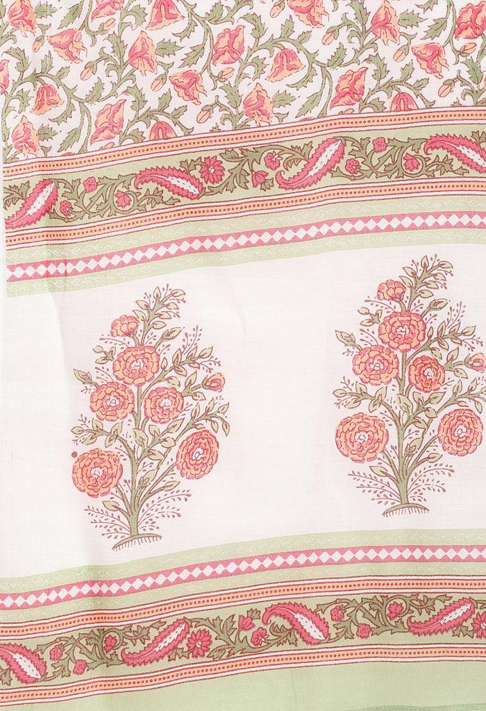 White and pink pure cambric cotton floral printed kurta set with dupatta