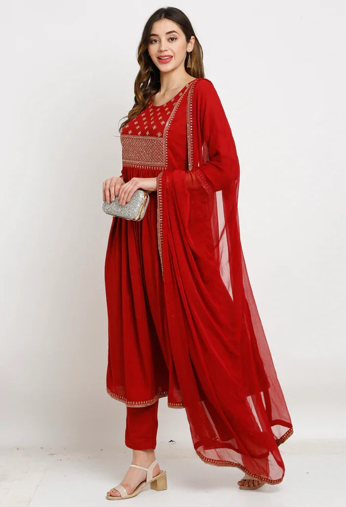 Maroon rayon floral embroidered kurta set with dupatta