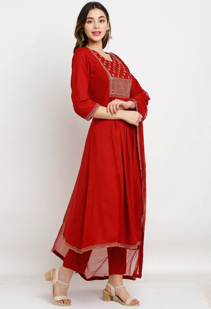 Maroon rayon floral embroidered kurta set with dupatta
