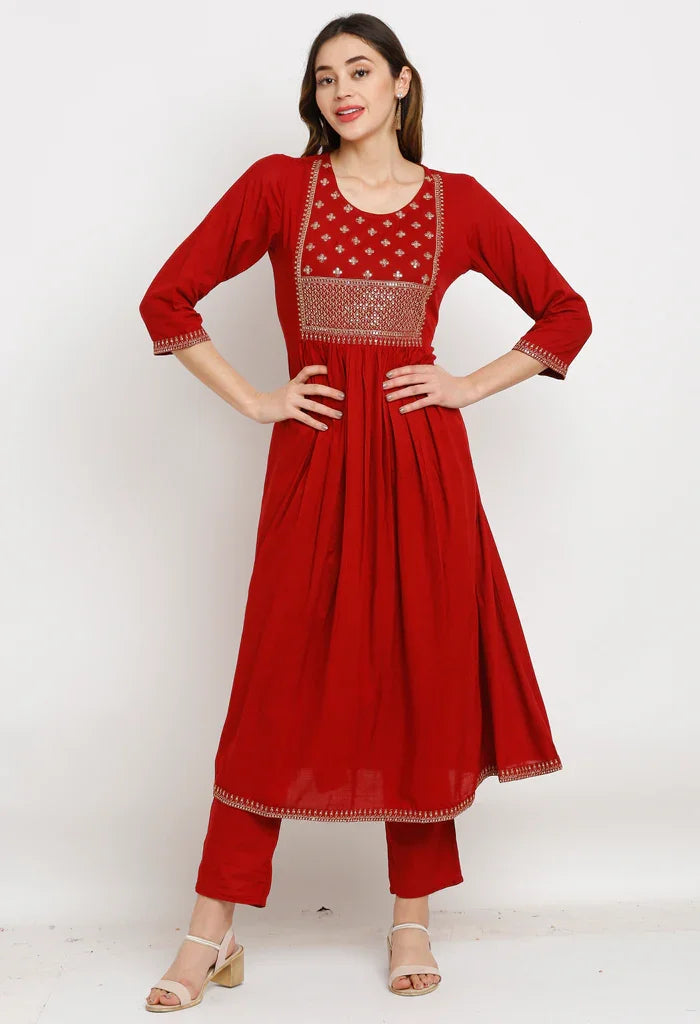 Maroon rayon floral embroidered kurta set with dupatta