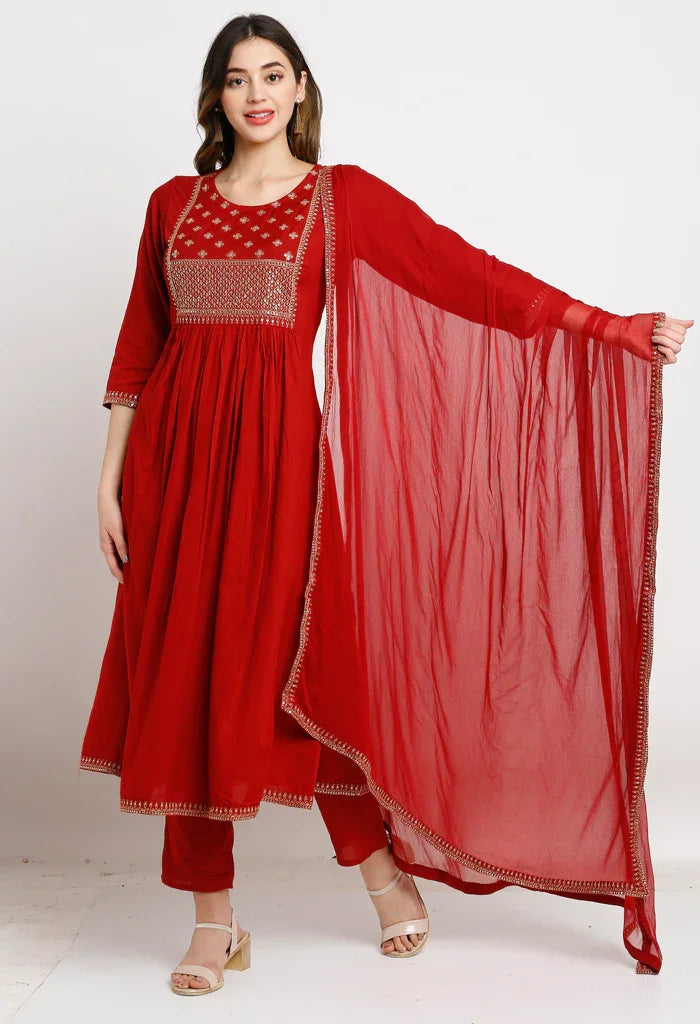 Maroon rayon floral embroidered kurta set with dupatta