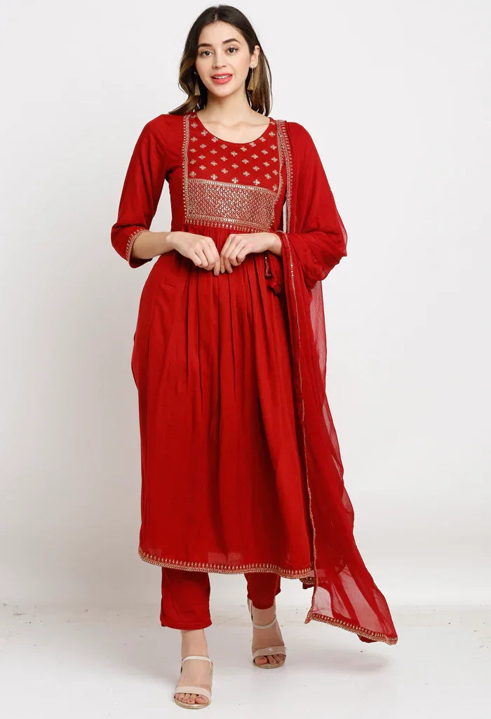 Maroon rayon floral embroidered kurta set with dupatta