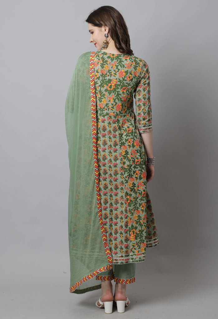 Green pure cotton embroidered anarkali kurta with pant dupatta