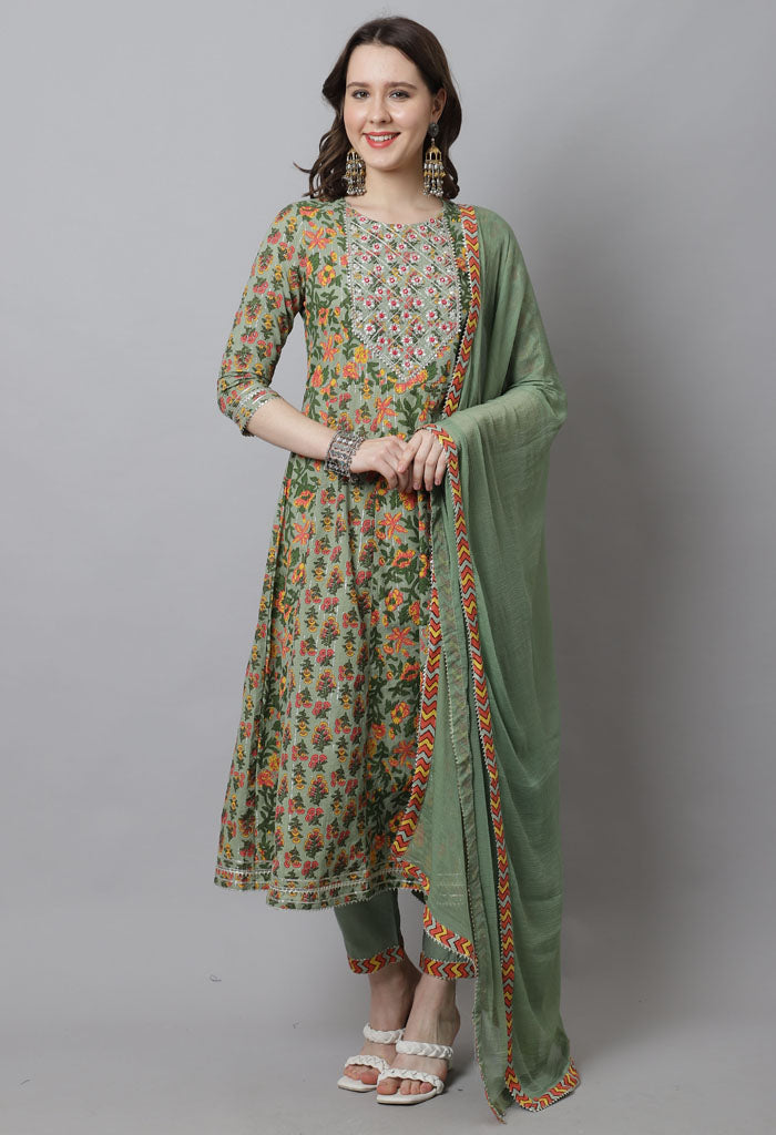 Green pure cotton embroidered anarkali kurta with pant dupatta