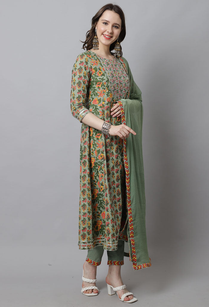 Green pure cotton embroidered anarkali kurta with pant dupatta