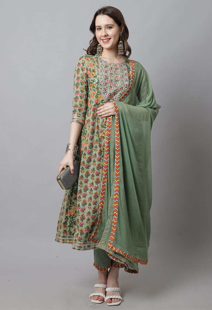 Green pure cotton embroidered anarkali kurta with pant dupatta