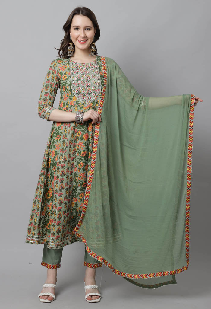 Green pure cotton embroidered anarkali kurta with pant dupatta