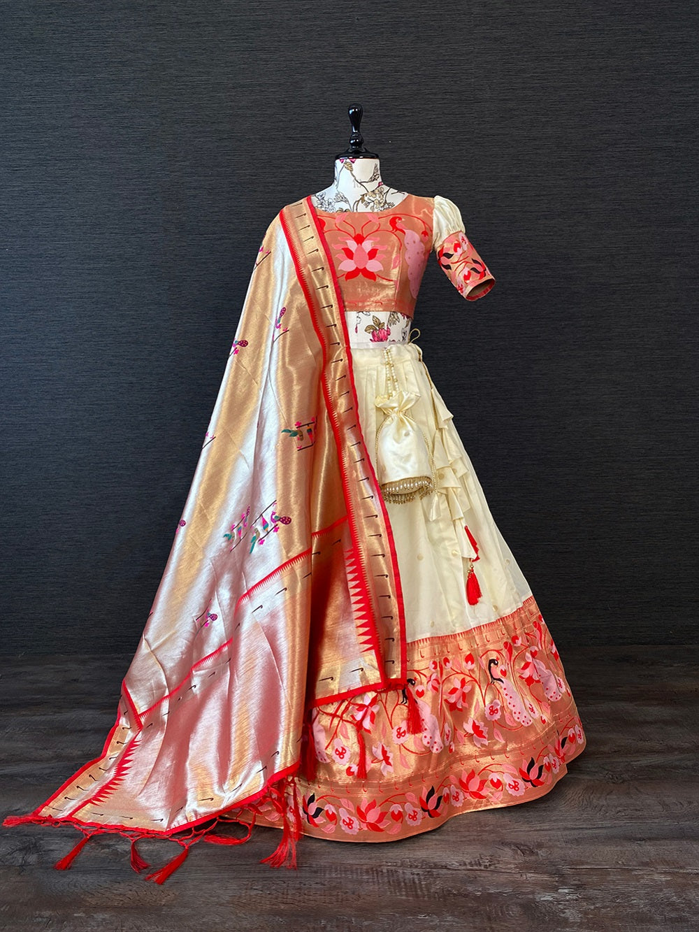 White Color Weaving Zari Work Jacquard Pethani Lehenga Set