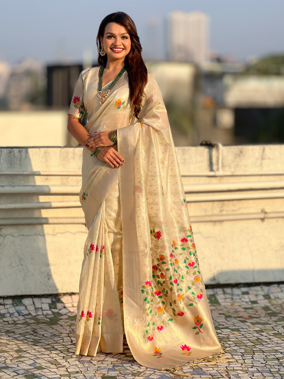 Organza Jamdani Saree with Zari Woven Pallu Festive Wear Saree with Brocade Blouse