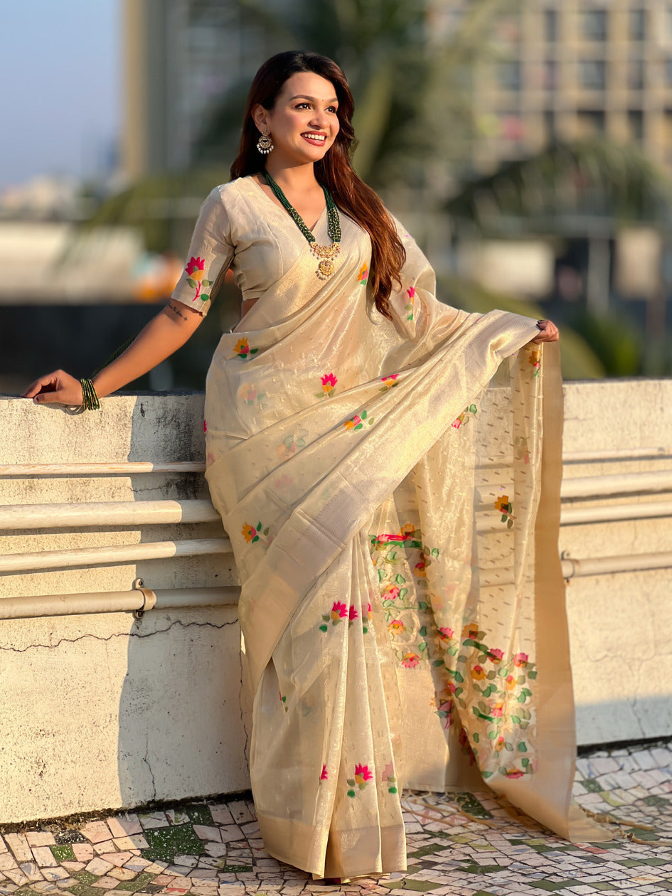 Organza Jamdani Saree with Zari Woven Pallu Festive Wear Saree with Brocade Blouse