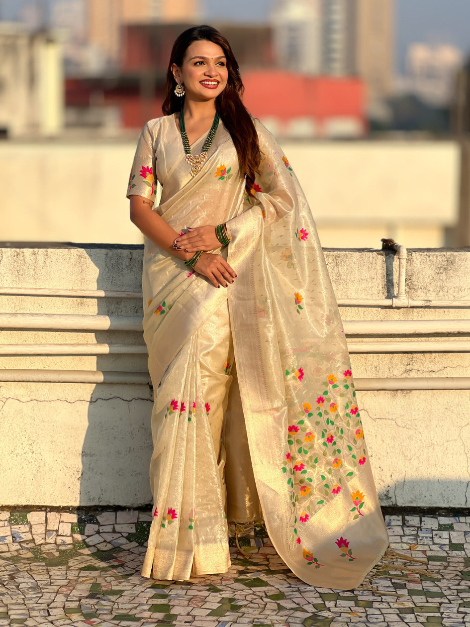 Organza Jamdani Saree with Zari Woven Pallu Festive Wear Saree with Brocade Blouse