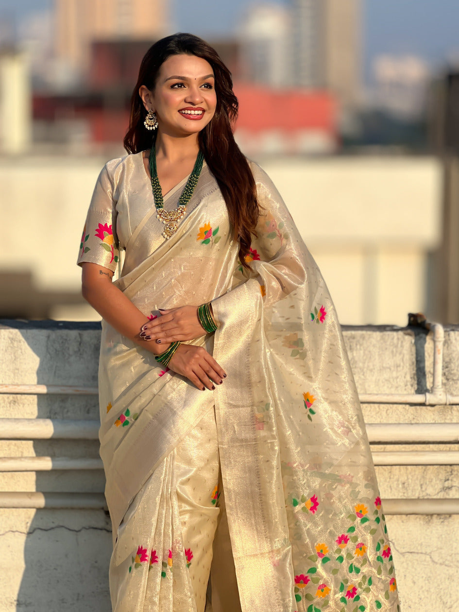Organza Jamdani Saree with Zari Woven Pallu Festive Wear Saree with Brocade Blouse