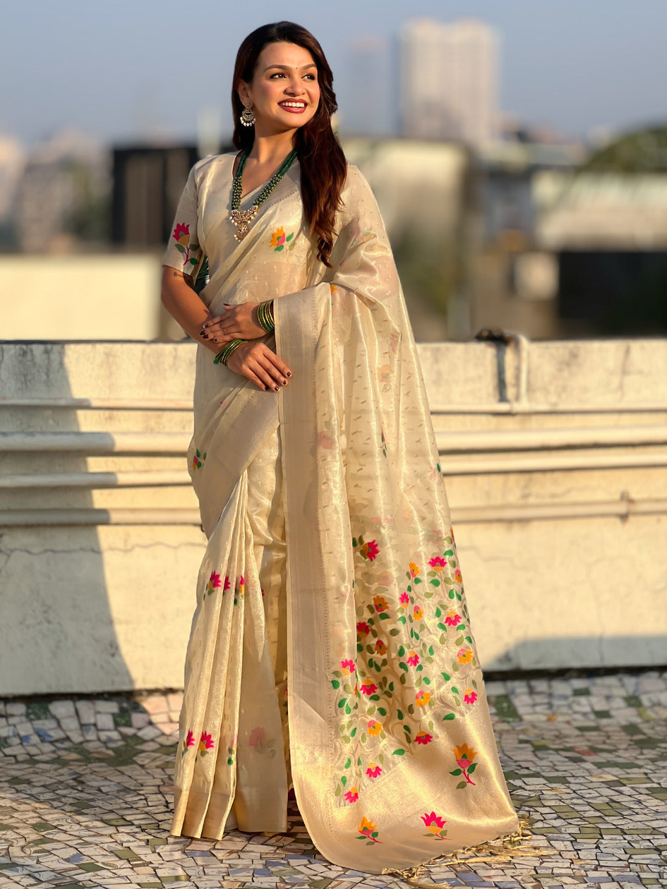 Organza Jamdani Saree with Zari Woven Pallu Festive Wear Saree with Brocade Blouse
