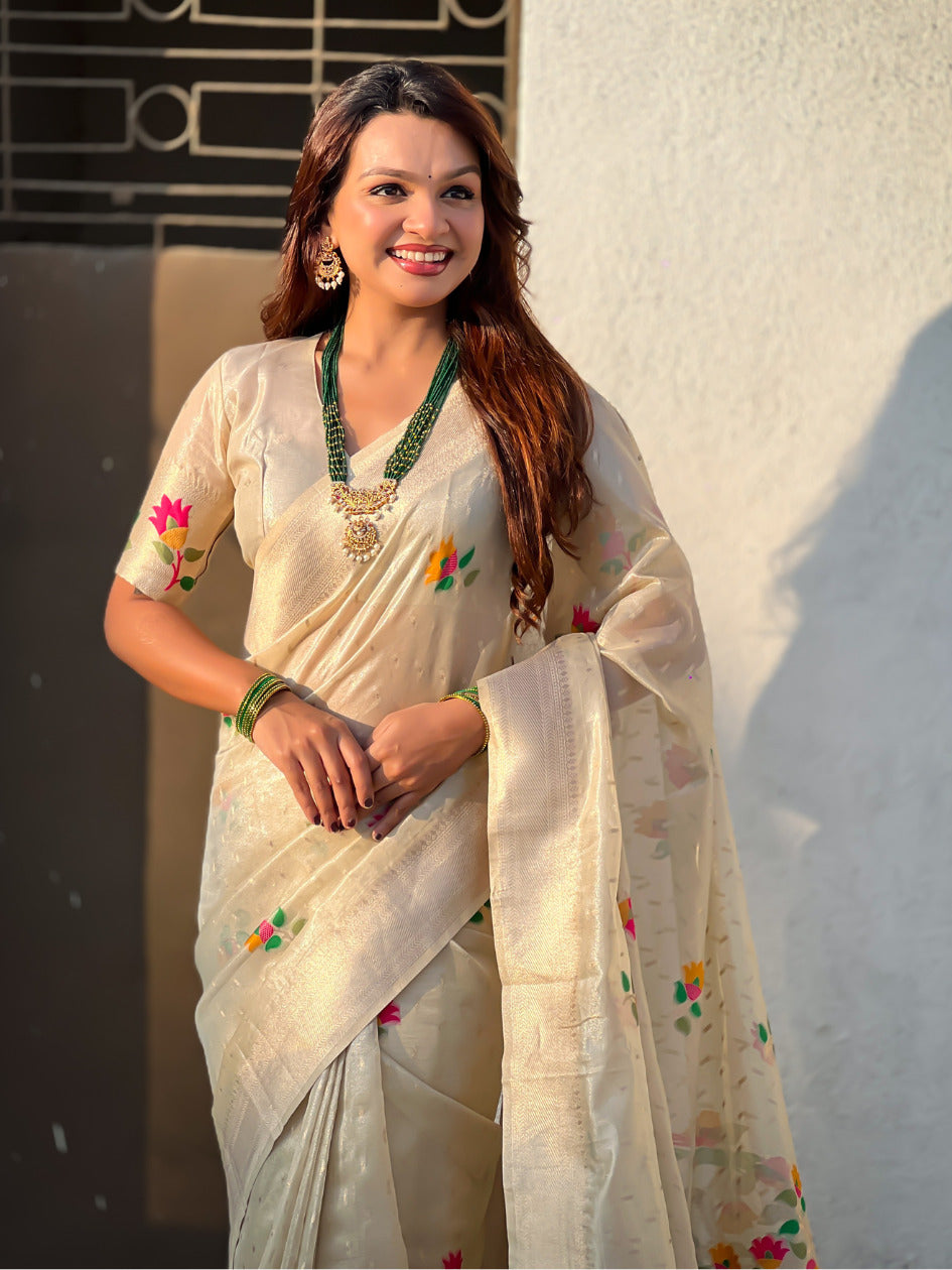 Organza Jamdani Saree with Zari Woven Pallu Festive Wear Saree with Brocade Blouse
