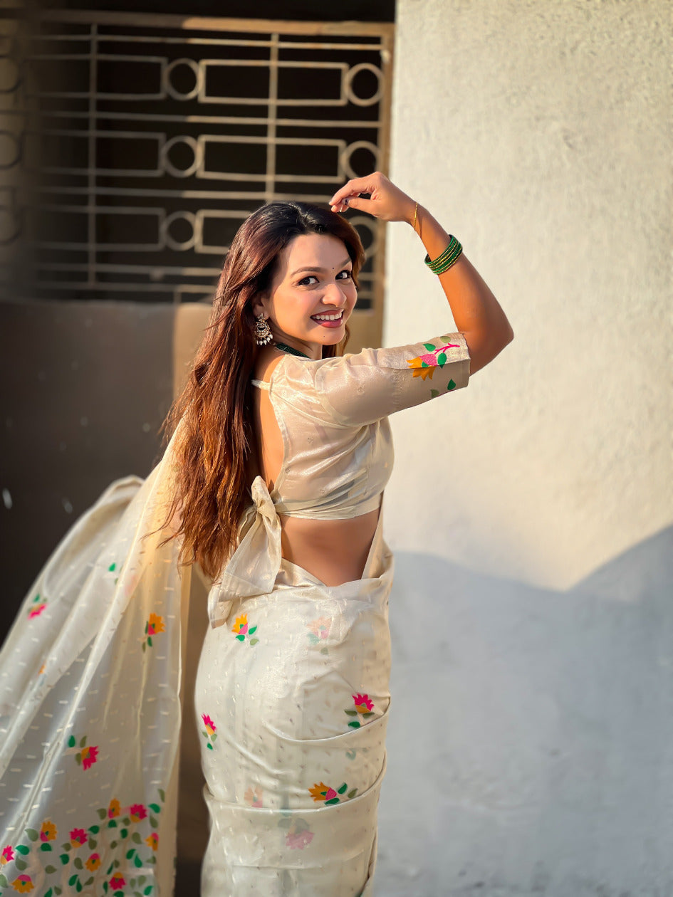 Organza Jamdani Saree with Zari Woven Pallu Festive Wear Saree with Brocade Blouse