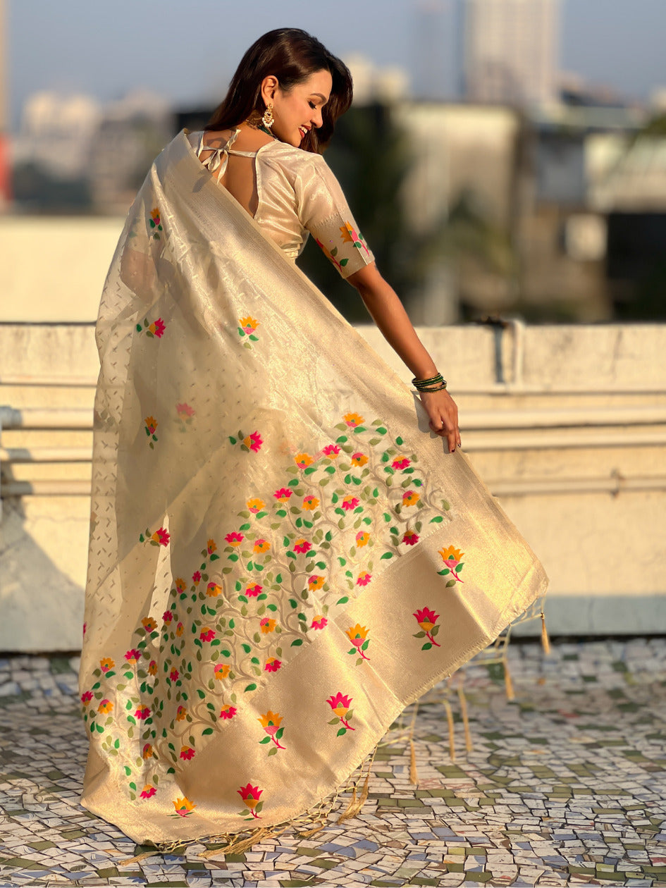 Organza Jamdani Saree with Zari Woven Pallu Festive Wear Saree with Brocade Blouse