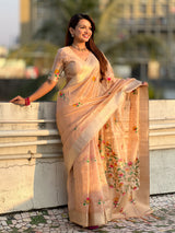 Organza Jamdani Saree with Zari Woven Pallu Festive Wear Saree with Brocade Blouse