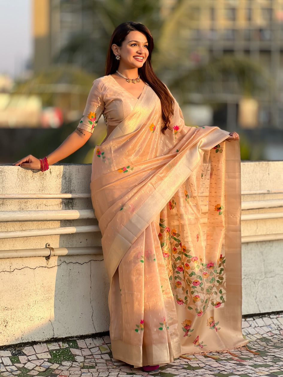 Organza Jamdani Saree with Zari Woven Pallu Festive Wear Saree with Brocade Blouse