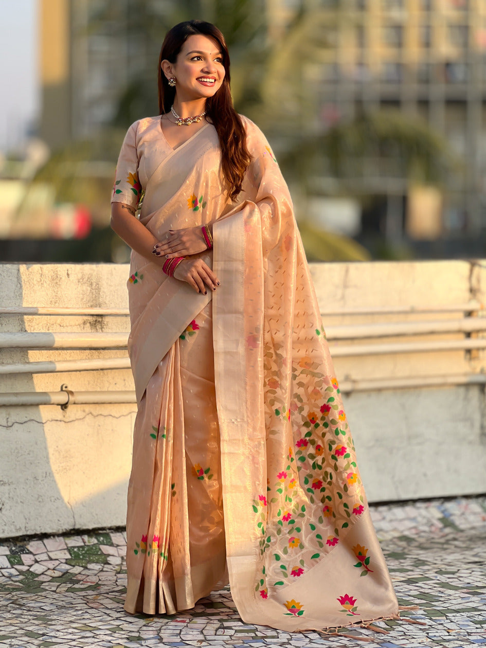 Organza Jamdani Saree with Zari Woven Pallu Festive Wear Saree with Brocade Blouse