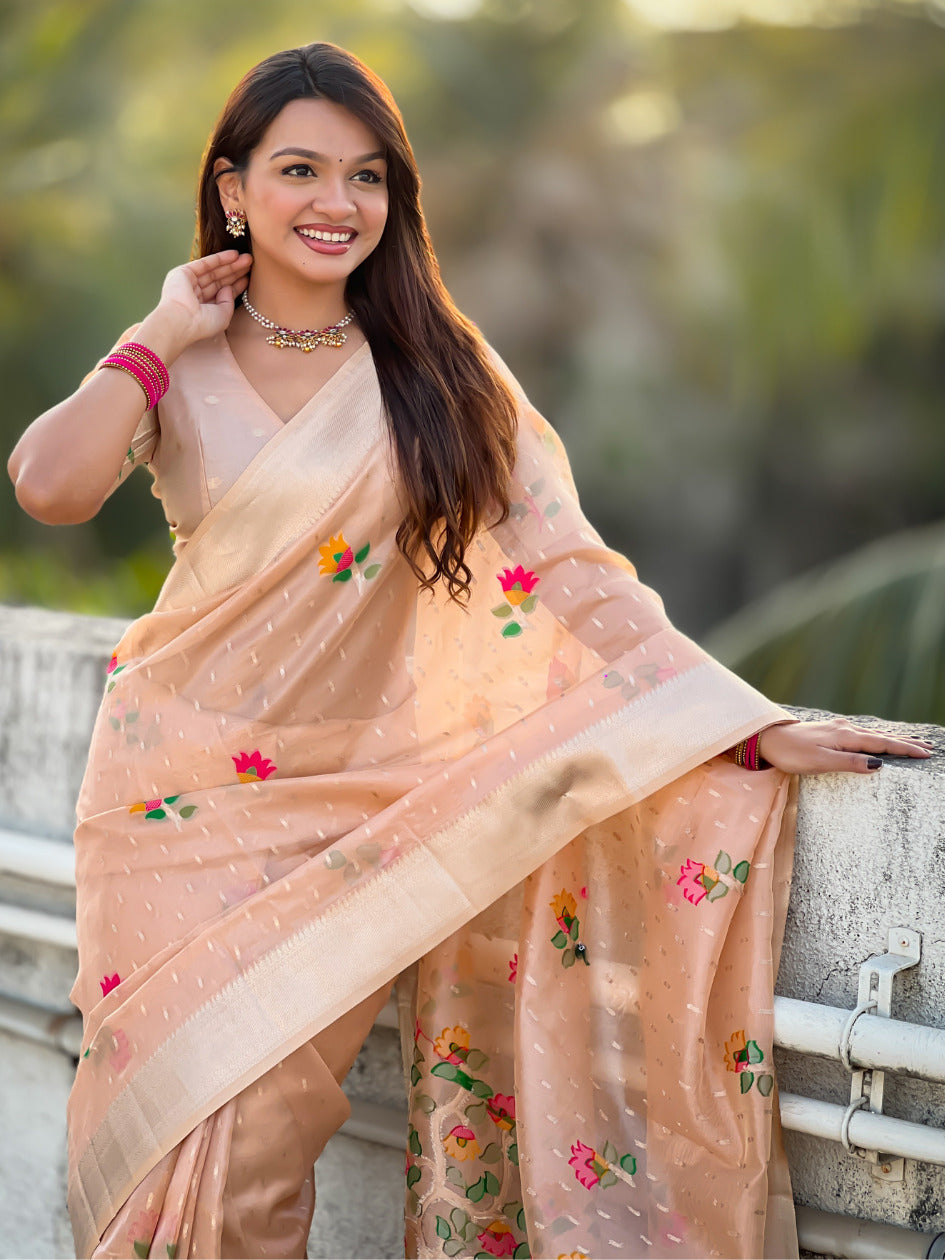 Organza Jamdani Saree with Zari Woven Pallu Festive Wear Saree with Brocade Blouse