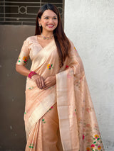 Organza Jamdani Saree with Zari Woven Pallu Festive Wear Saree with Brocade Blouse