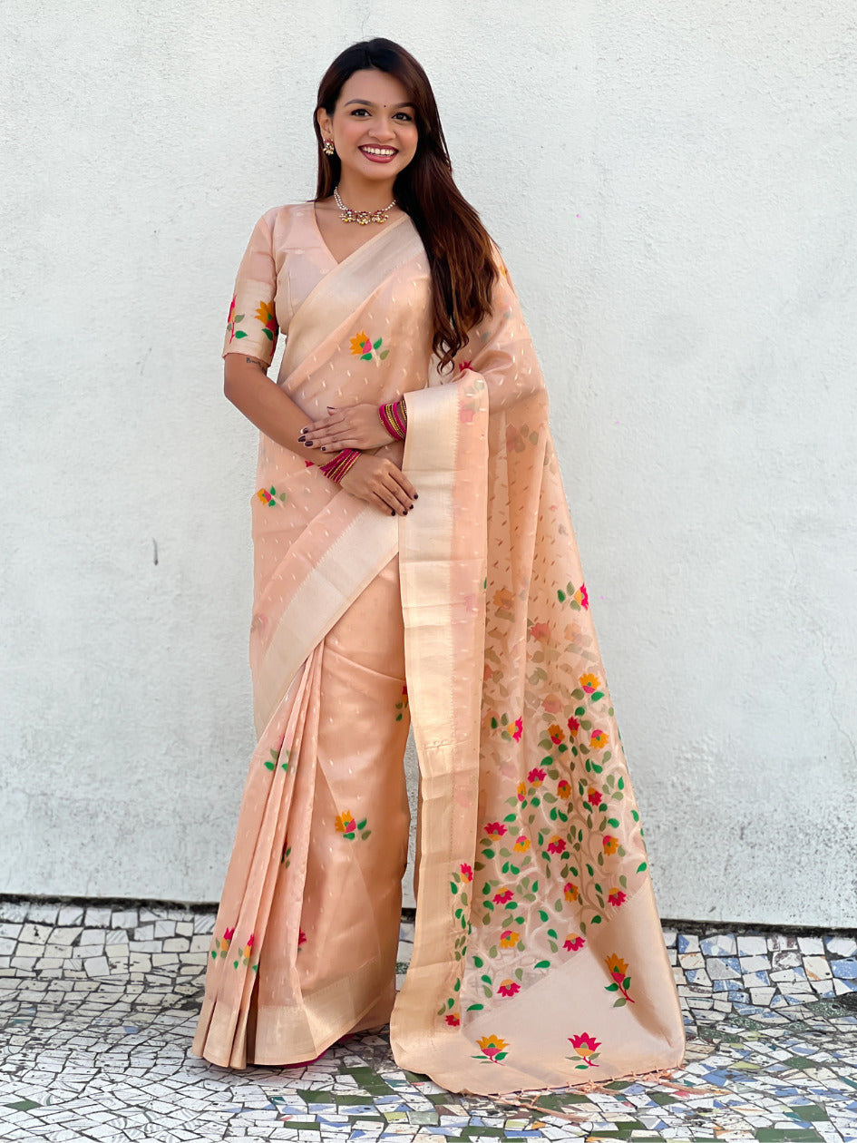 Organza Jamdani Saree with Zari Woven Pallu Festive Wear Saree with Brocade Blouse