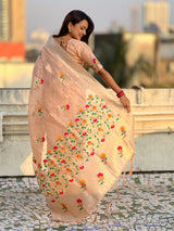 Organza Jamdani Saree with Zari Woven Pallu Festive Wear Saree with Brocade Blouse