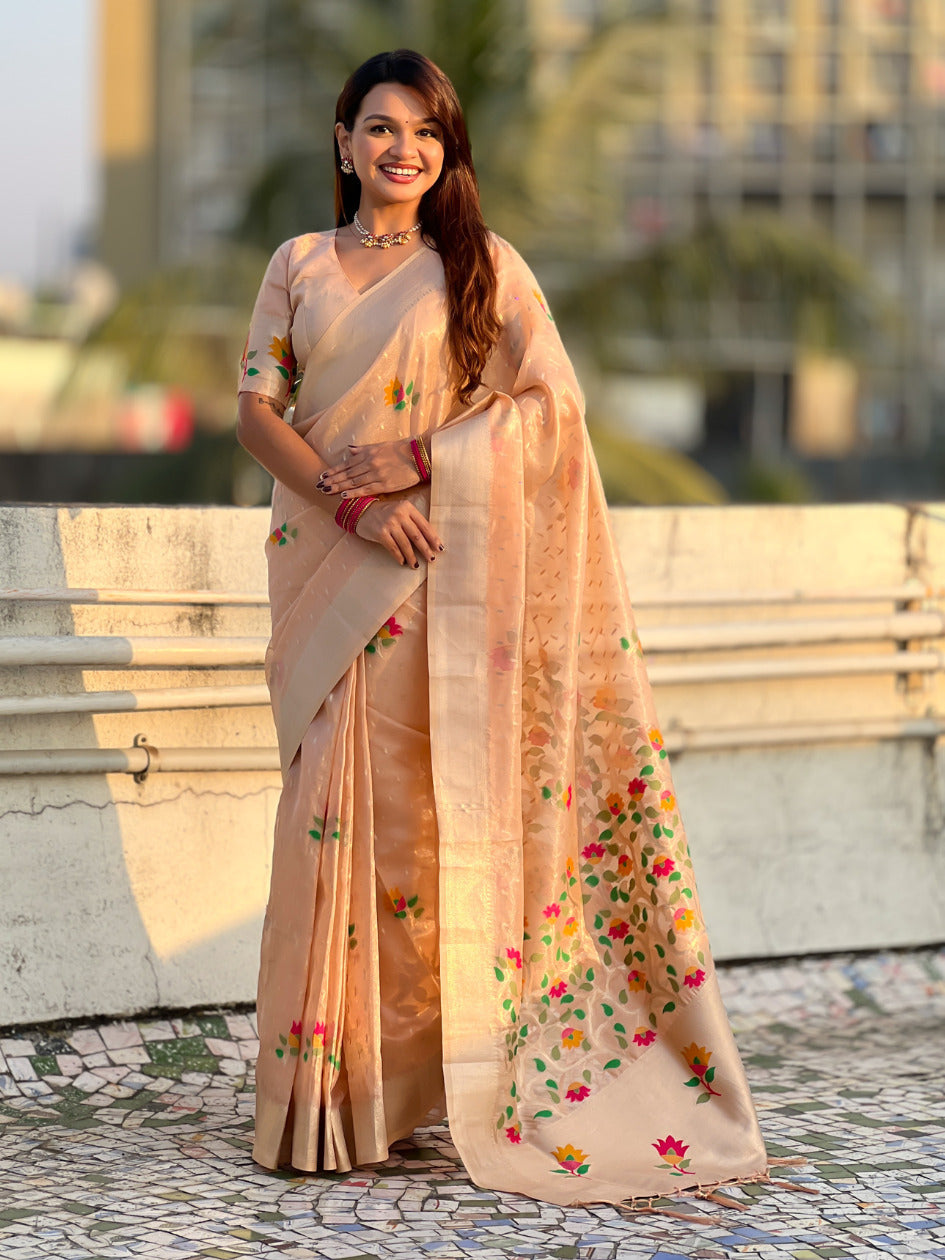 Organza jamdani saree with zari woven pallu festive wear saree with brocade blouse