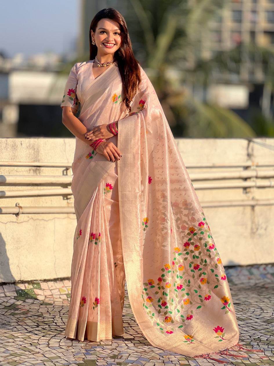 Organza Jamdani Saree with Zari Woven Pallu Festive Wear Saree with Brocade Blouse
