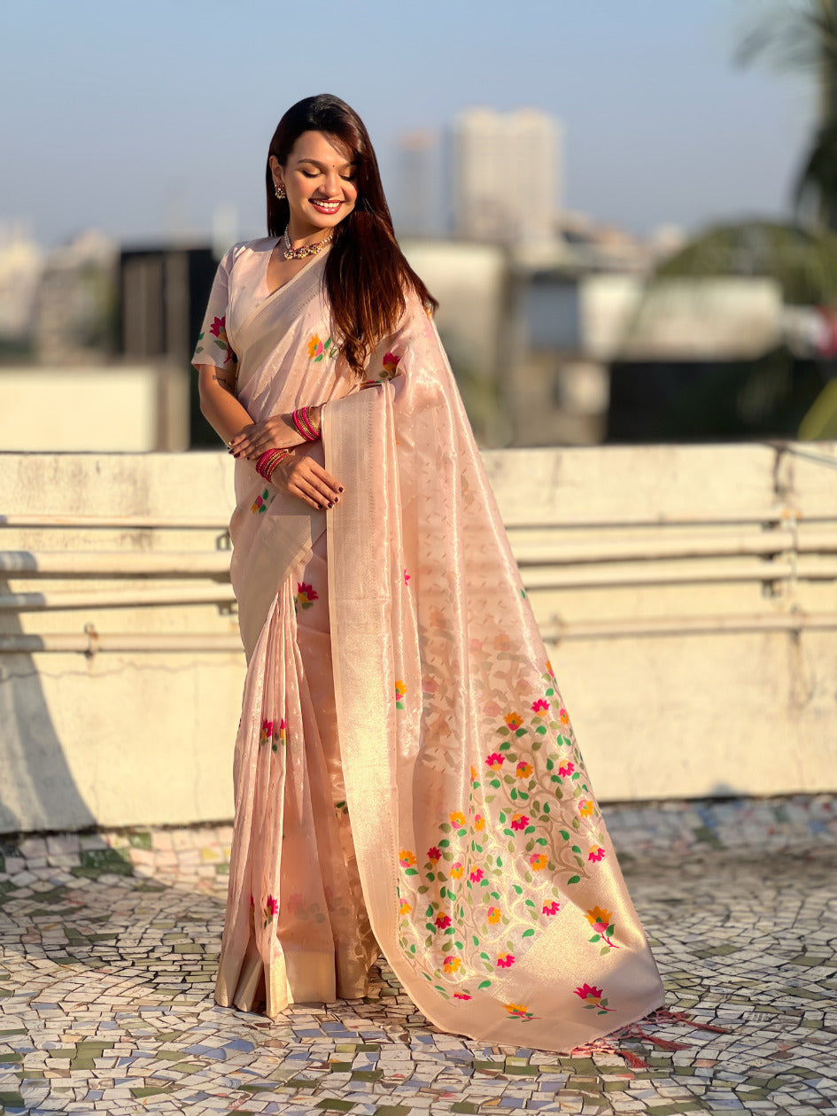 Organza Jamdani Saree with Zari Woven Pallu Festive Wear Saree with Brocade Blouse