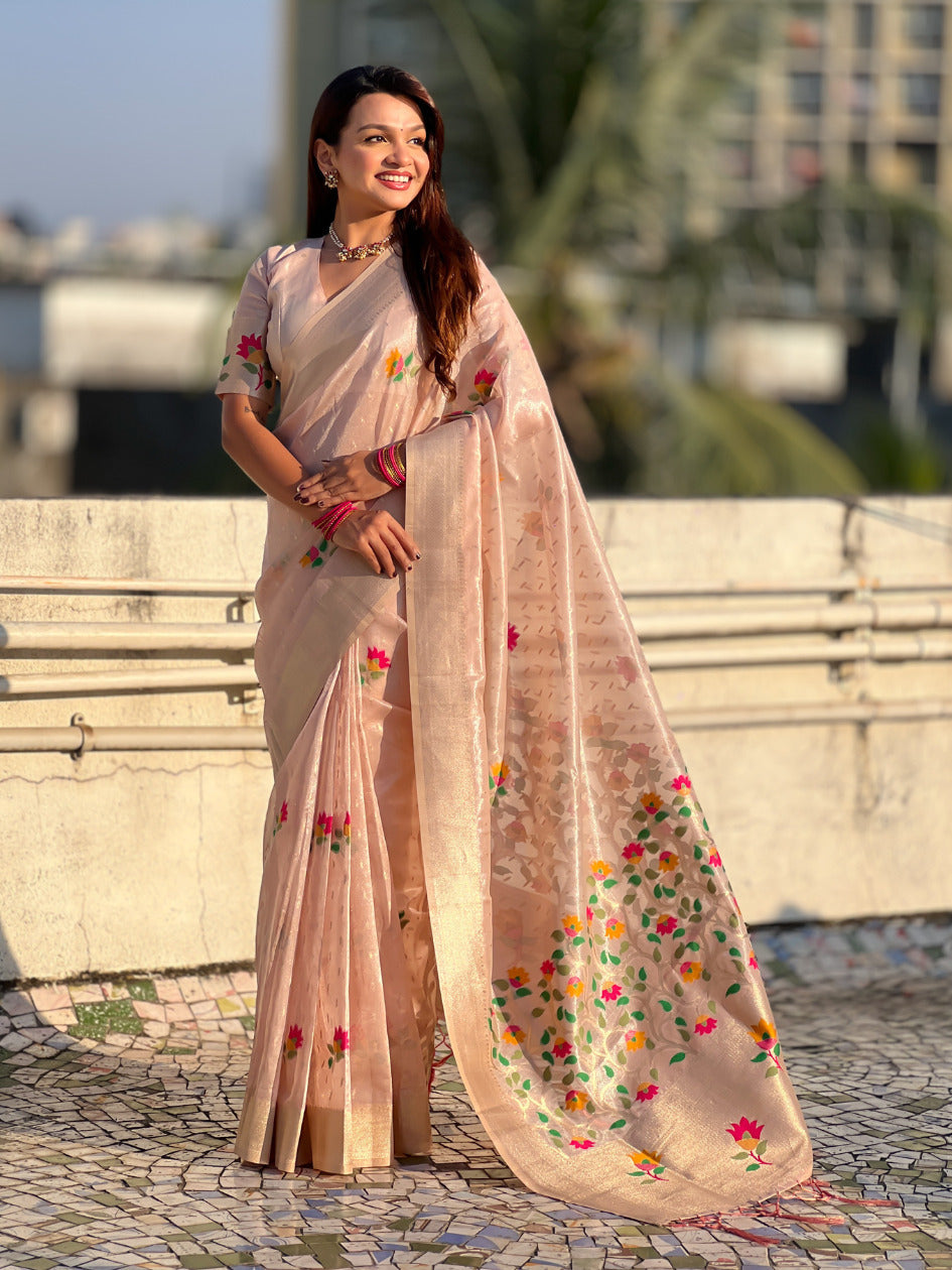 Organza Jamdani Saree with Zari Woven Pallu Festive Wear Saree with Brocade Blouse