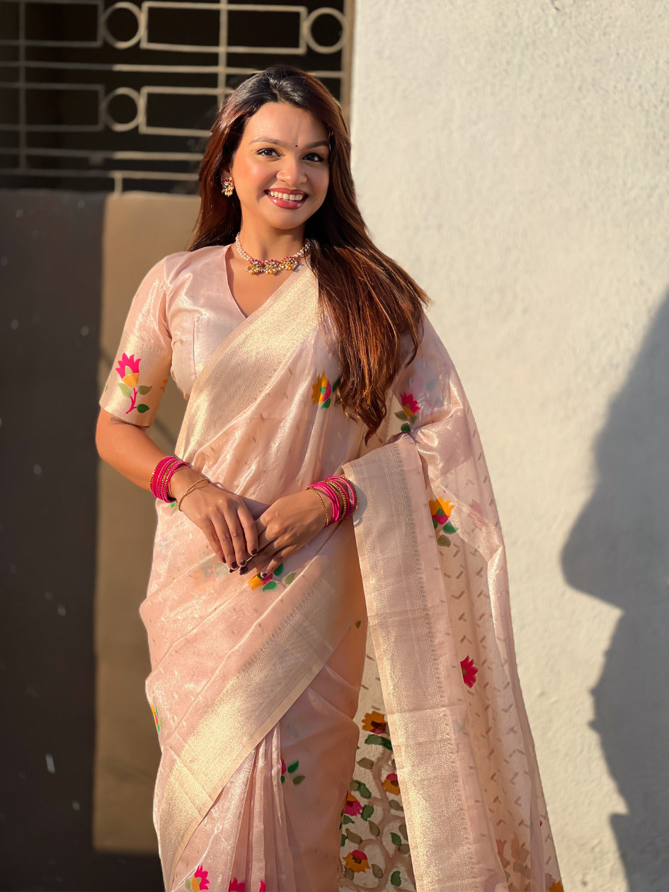 Organza Jamdani Saree with Zari Woven Pallu Festive Wear Saree with Brocade Blouse