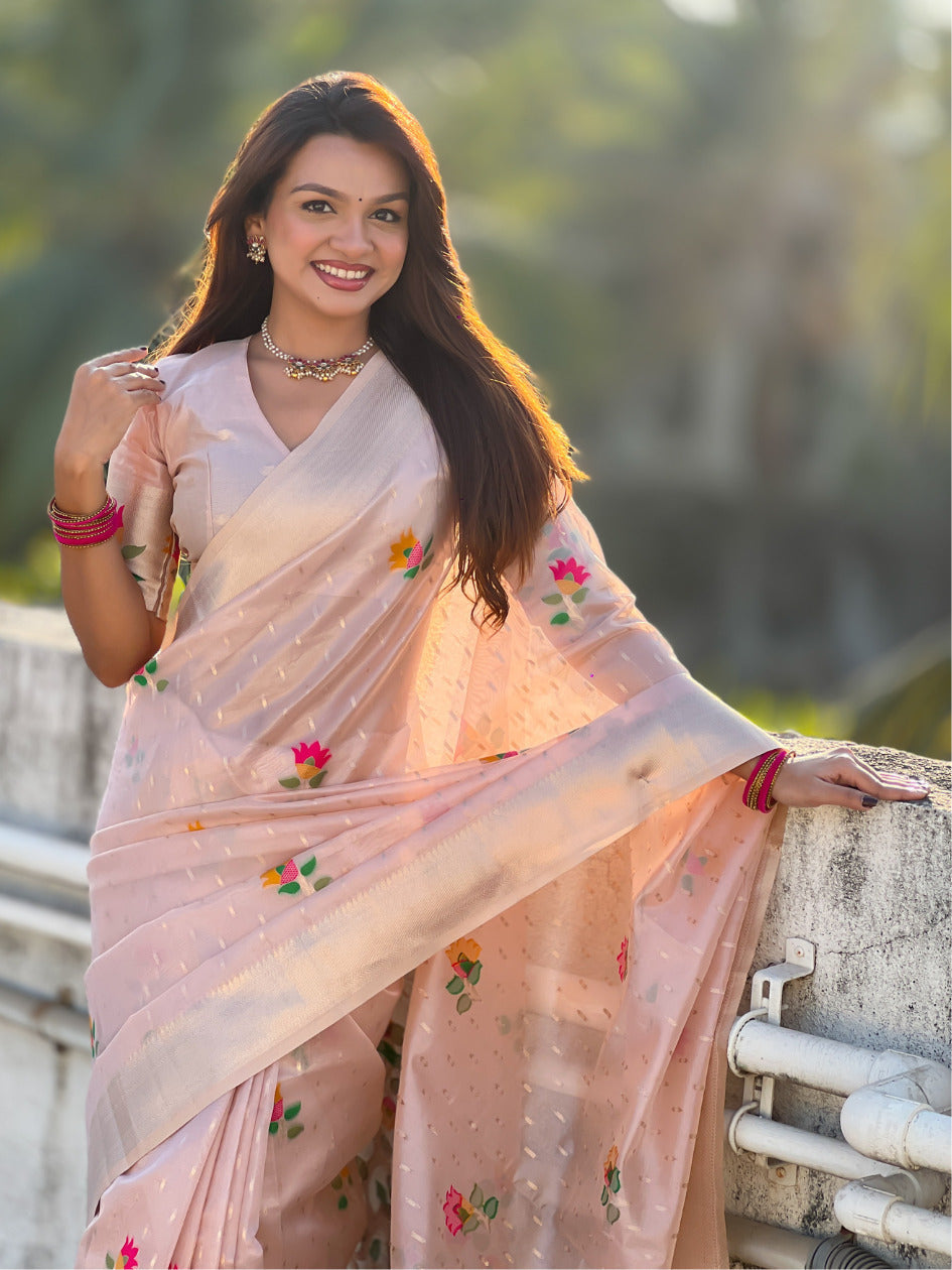 Organza Jamdani Saree with Zari Woven Pallu Festive Wear Saree with Brocade Blouse