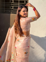 Organza Jamdani Saree with Zari Woven Pallu Festive Wear Saree with Brocade Blouse