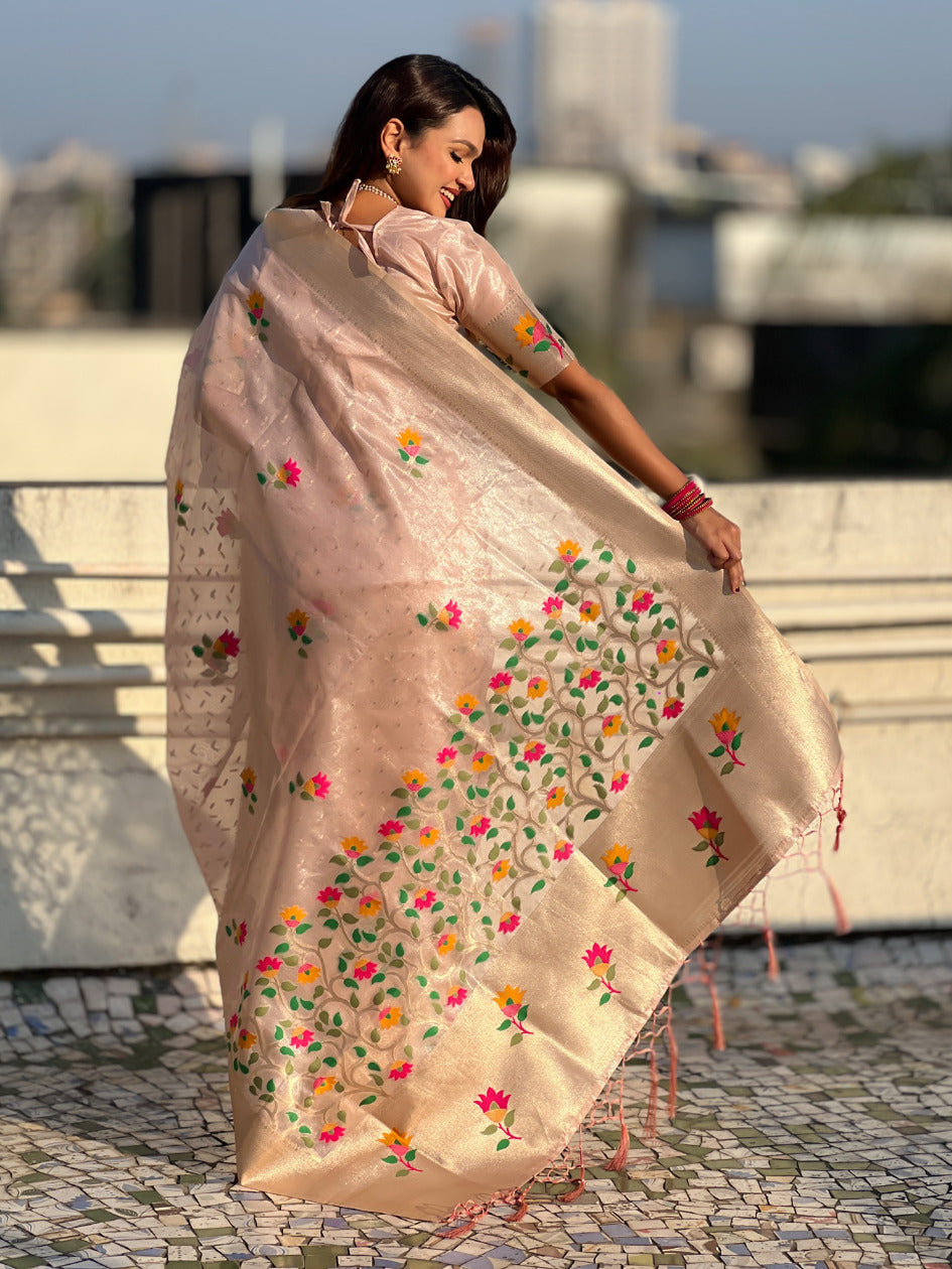 Organza Jamdani Saree with Zari Woven Pallu Festive Wear Saree with Brocade Blouse