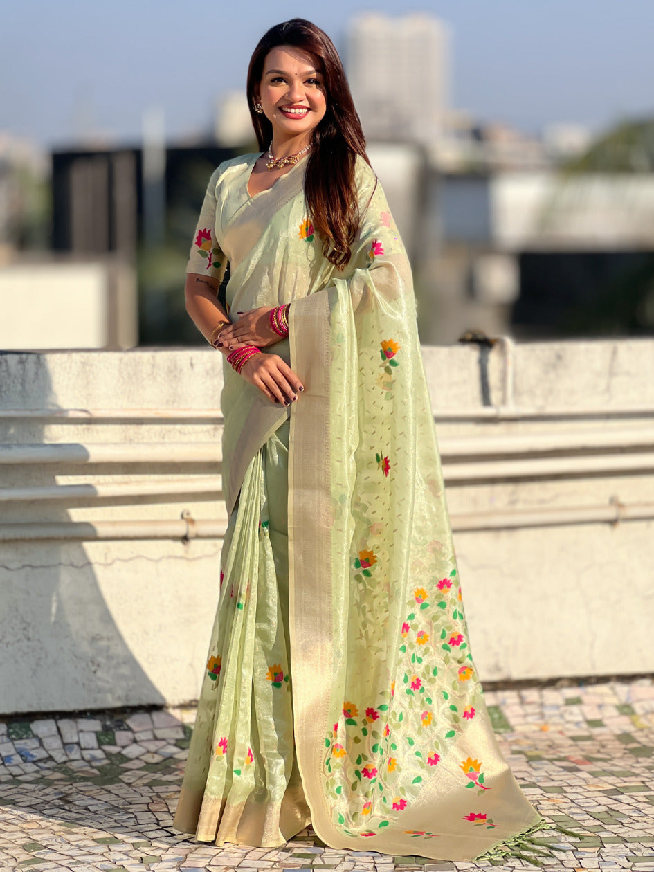 Organza Jamdani Saree with Zari Woven Pallu Festive Wear Saree with Brocade Blouse