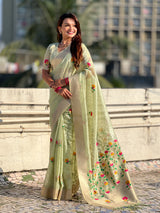 Organza Jamdani Saree with Zari Woven Pallu Festive Wear Saree with Brocade Blouse