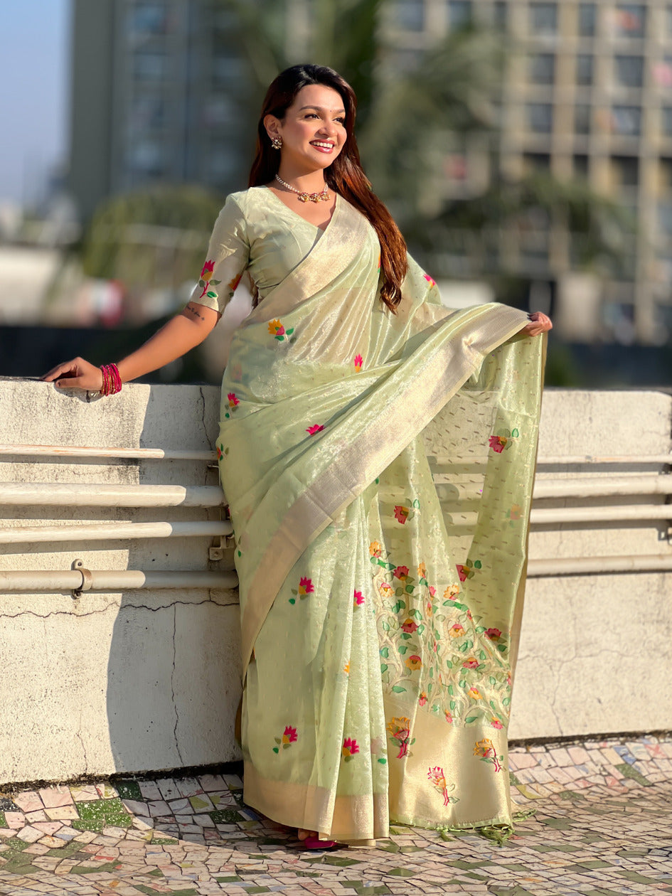 Organza Jamdani Saree with Zari Woven Pallu Festive Wear Saree with Brocade Blouse