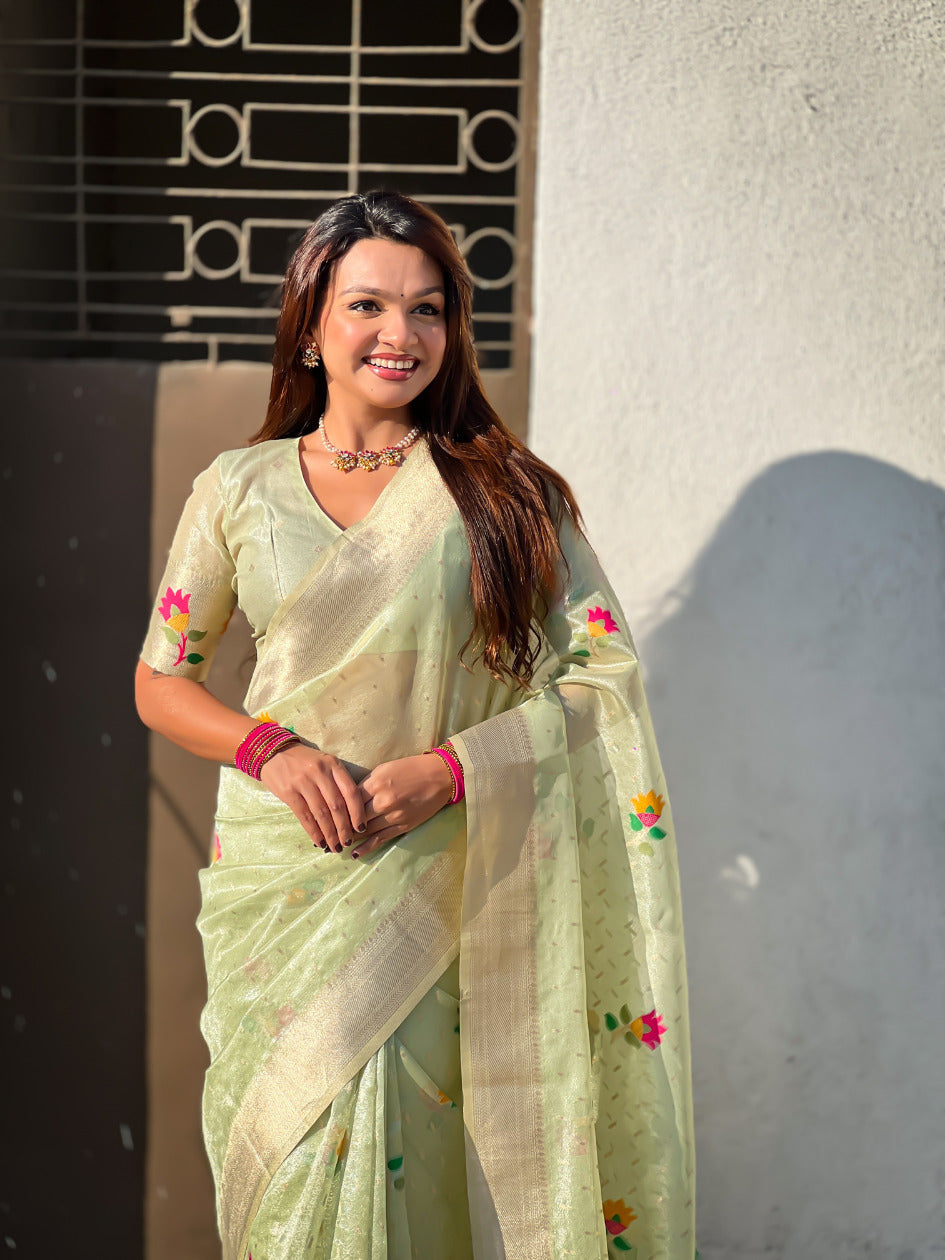 Organza Jamdani Saree with Zari Woven Pallu Festive Wear Saree with Brocade Blouse