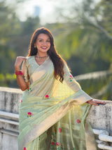 Organza Jamdani Saree with Zari Woven Pallu Festive Wear Saree with Brocade Blouse